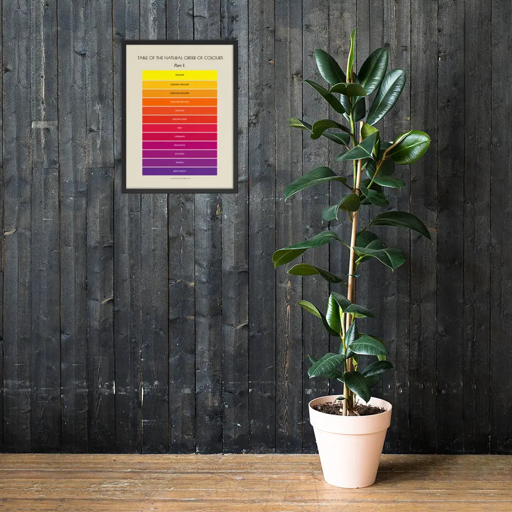 Framed Warm Colors poster by Solar Spectrum Press on black frame, 18x24 inches, displayed in a modern living space.