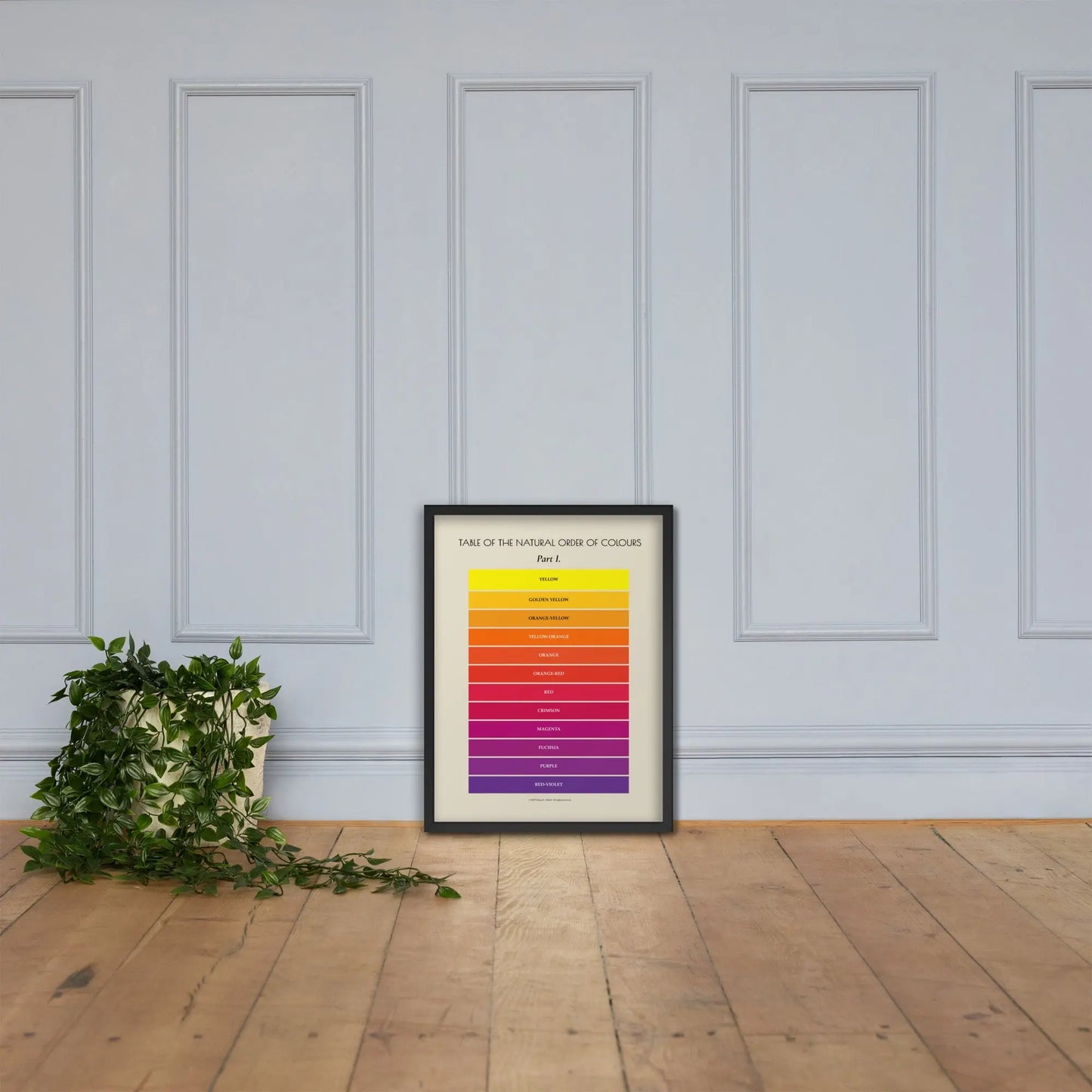 Framed Warm Colors Poster by Solar Spectrum Press on black frame, 18x24 inches, displayed in a modern living room setting.