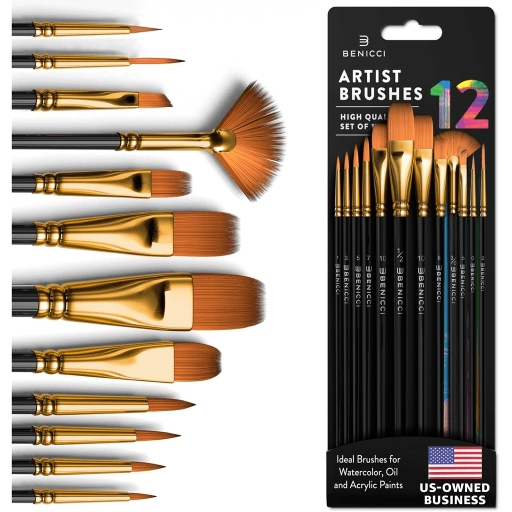 Professional Artist Paint Brush Set of 12 for watercolors, oils, or acrylics